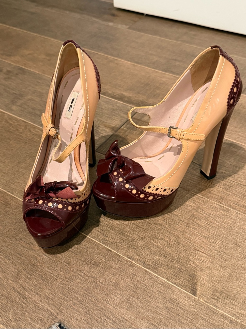Miu Miu Burgundy and Nude Peep-Toe Platform Mary Janes